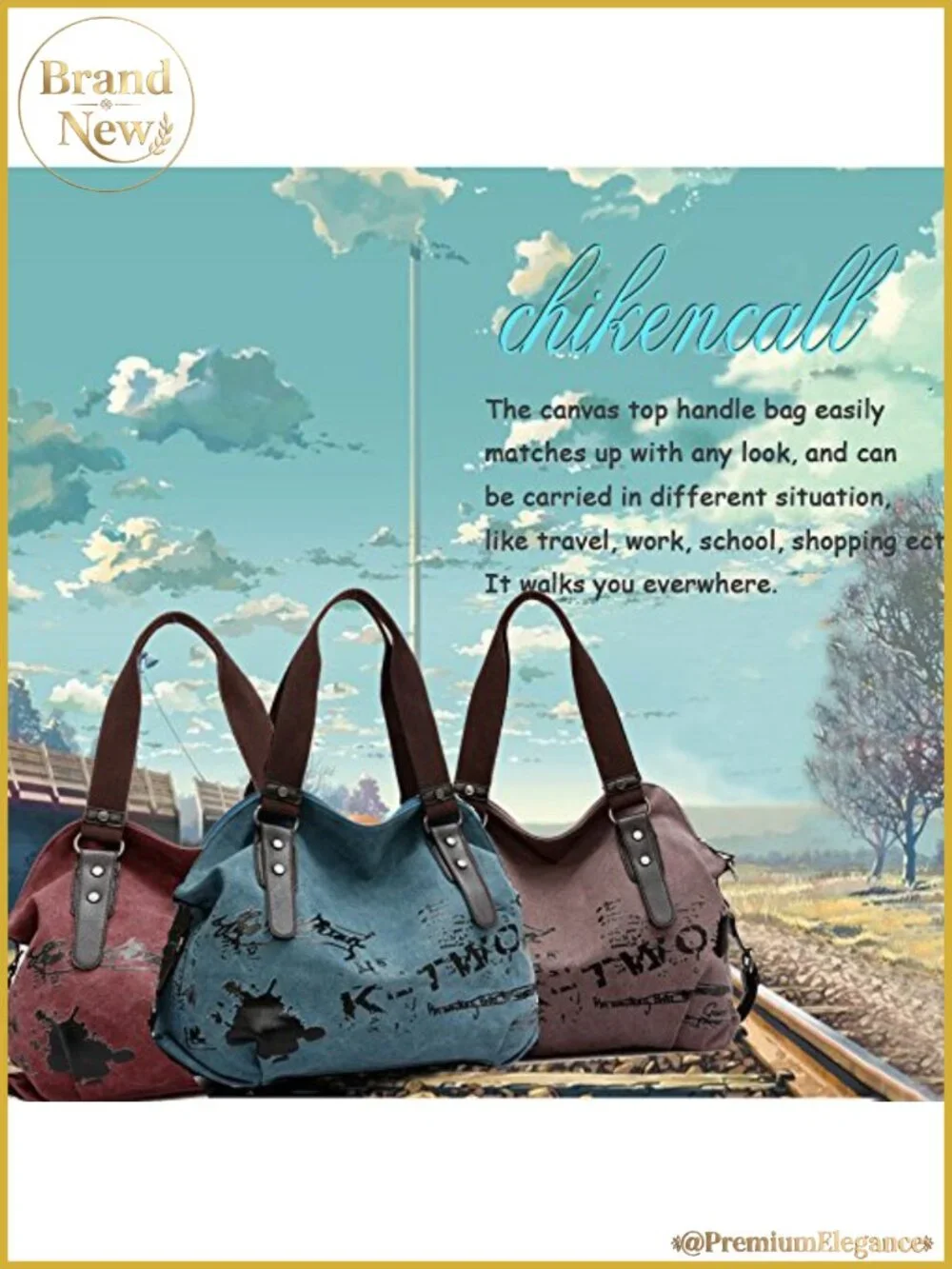 Canvas Vegan Leather Hobo Shoulder Tote with Adjustable Strap, Zip Pockets